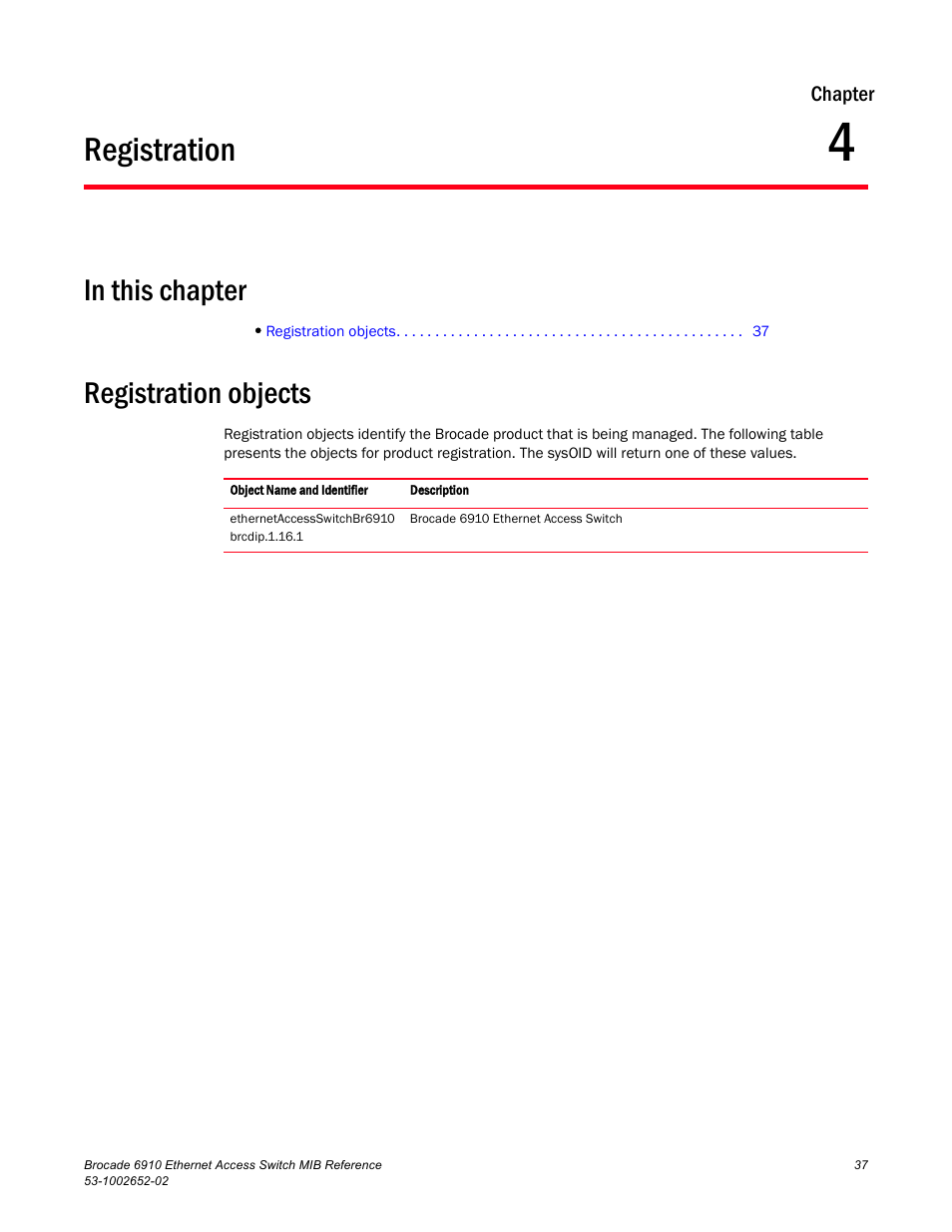 Registration, In this chapter, Registration objects | Chapter 4 | Brocade 6910 Ethernet Access Switch MIB Reference User Manual | Page 49 / 102