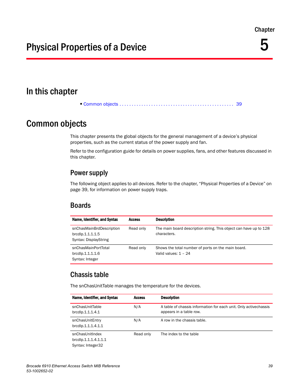 Physical properties of a device, In this chapter, Common objects | Power supply, Boards, Chassis table, Chapter 5, Boards chassis table, Chapter | Brocade 6910 Ethernet Access Switch MIB Reference User Manual | Page 51 / 102