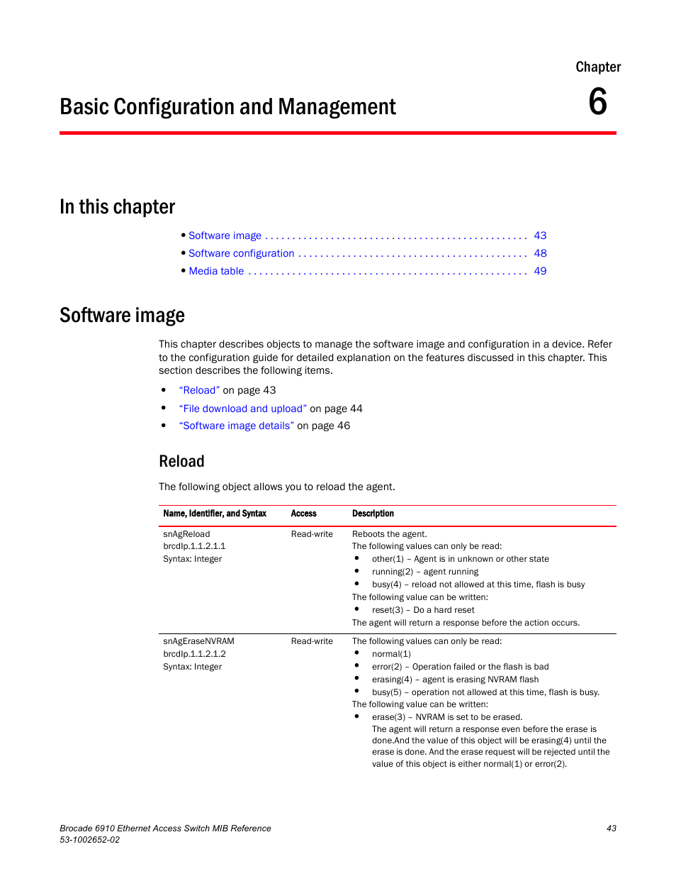 Basic configuration and management, In this chapter, Software image | Reload, Chapter 6, Chapter | Brocade 6910 Ethernet Access Switch MIB Reference User Manual | Page 55 / 102