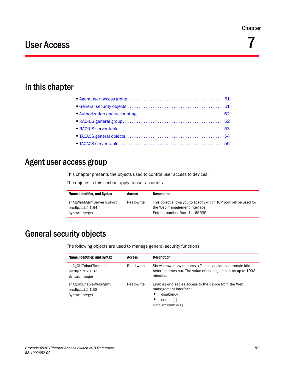 User access, In this chapter, Agent user access group | General security objects, Chapter 7, Chapter | Brocade 6910 Ethernet Access Switch MIB Reference User Manual | Page 63 / 102
