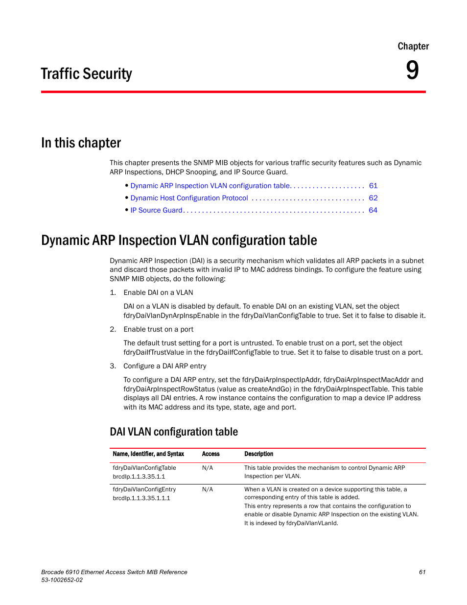 Traffic security, In this chapter, Dynamic arp inspection vlan configuration table | Dai vlan configuration table, Chapter 9 | Brocade 6910 Ethernet Access Switch MIB Reference User Manual | Page 73 / 102