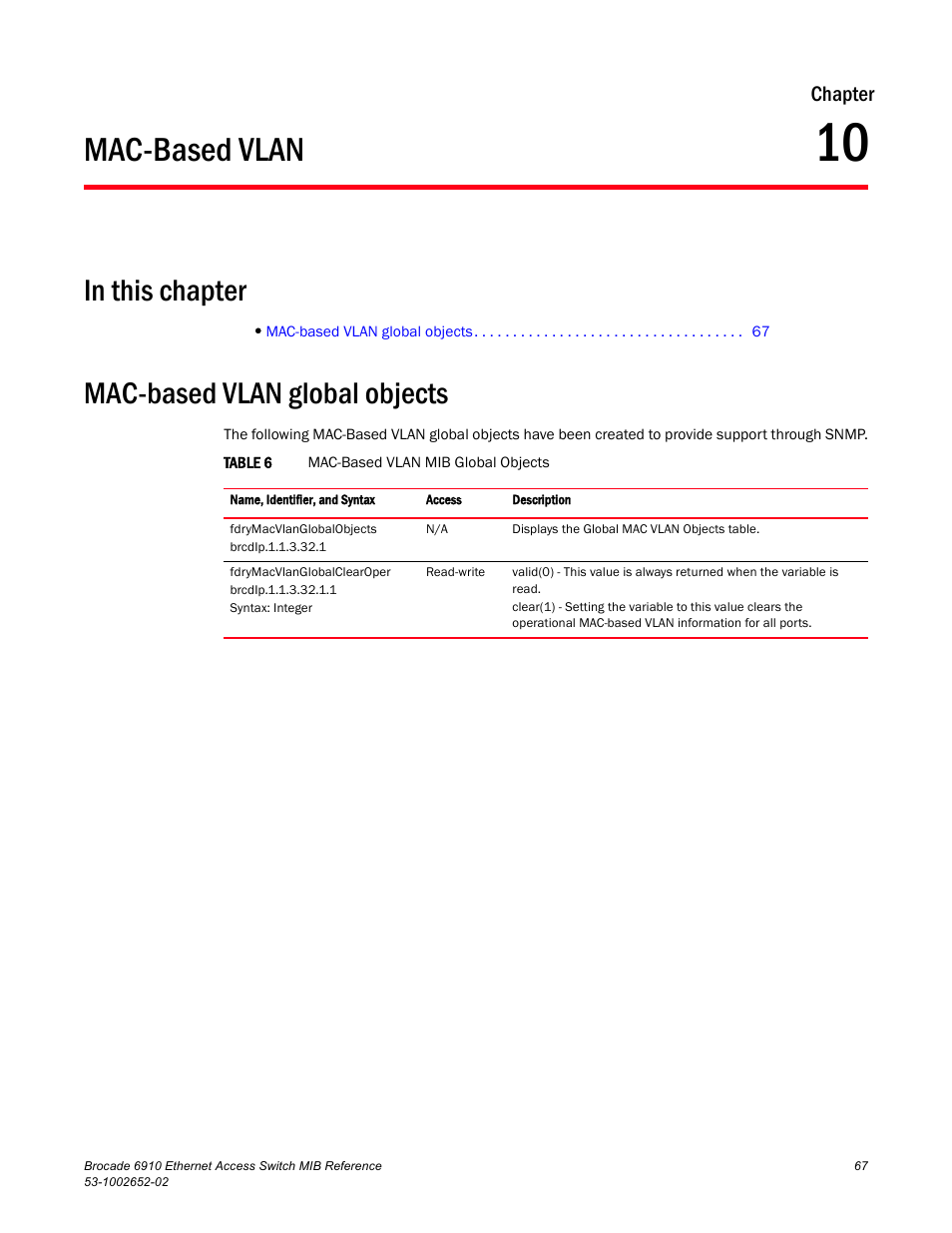 Mac-based vlan, In this chapter, Mac-based vlan global objects | Chapter 10 | Brocade 6910 Ethernet Access Switch MIB Reference User Manual | Page 79 / 102