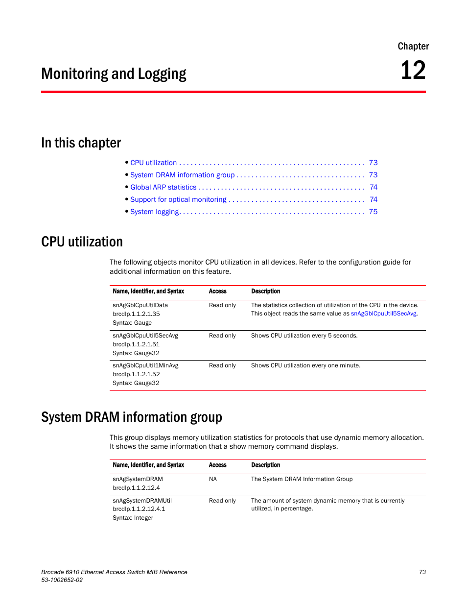 Monitoring and logging, In this chapter, Cpu utilization | System dram information group, Chapter 12, Chapter | Brocade 6910 Ethernet Access Switch MIB Reference User Manual | Page 85 / 102