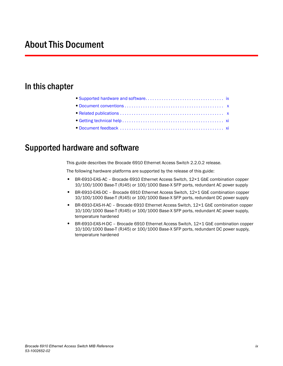 About this document, In this chapter, Supported hardware and software | Brocade 6910 Ethernet Access Switch MIB Reference User Manual | Page 9 / 102