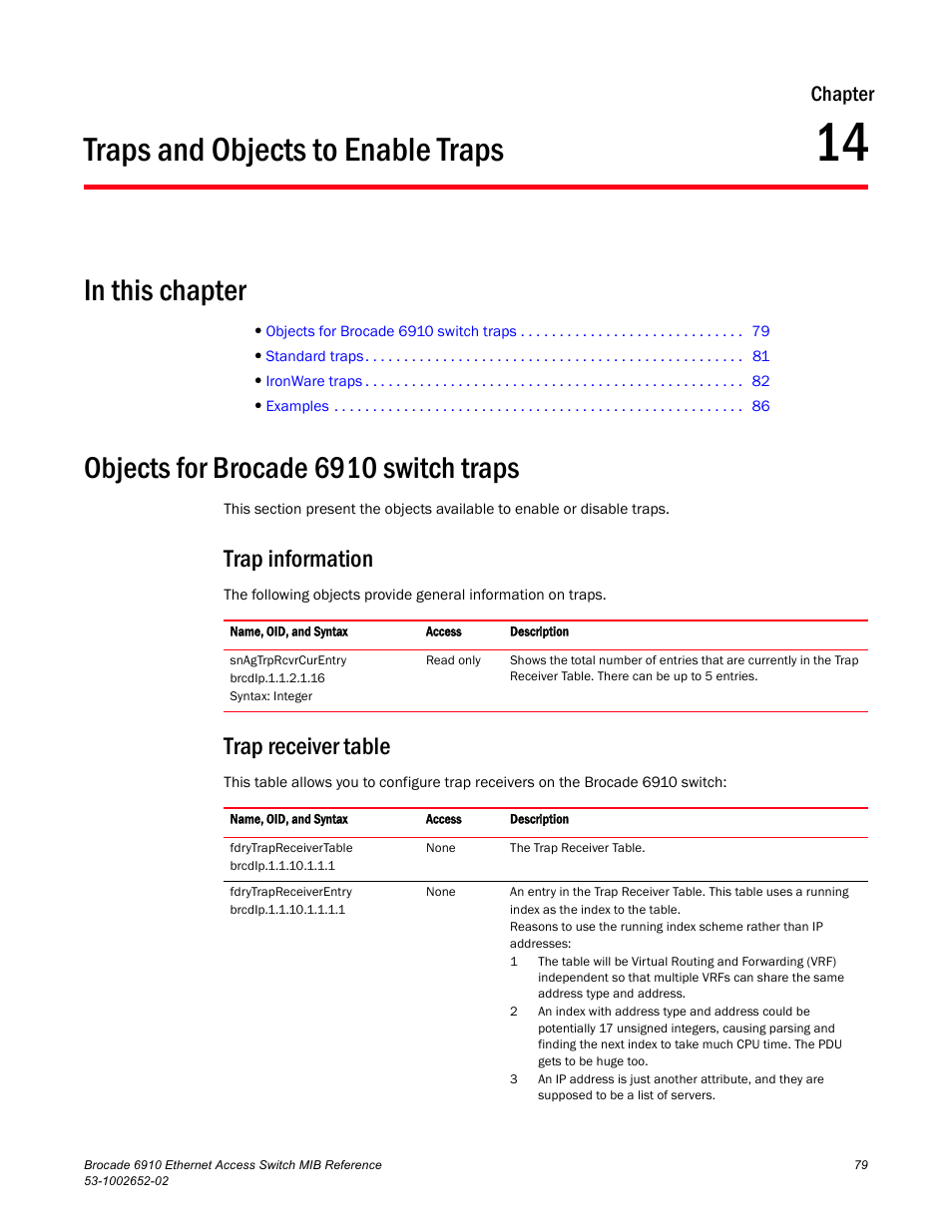 Traps and objects to enable traps, In this chapter, Objects for brocade 6910 switch traps | Trap information, Trap receiver table, Chapter 14, Chapter | Brocade 6910 Ethernet Access Switch MIB Reference User Manual | Page 91 / 102