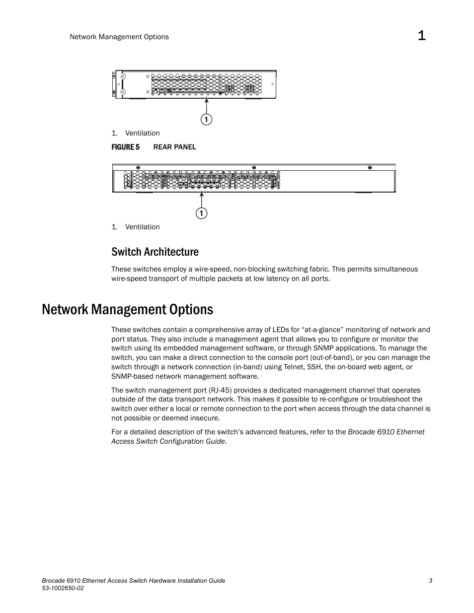 Switch architecture, Network management options, Figure 5 | Rear | Brocade 6910 Ethernet Access Switch Hardware Installation Guide User Manual | Page 19 / 84