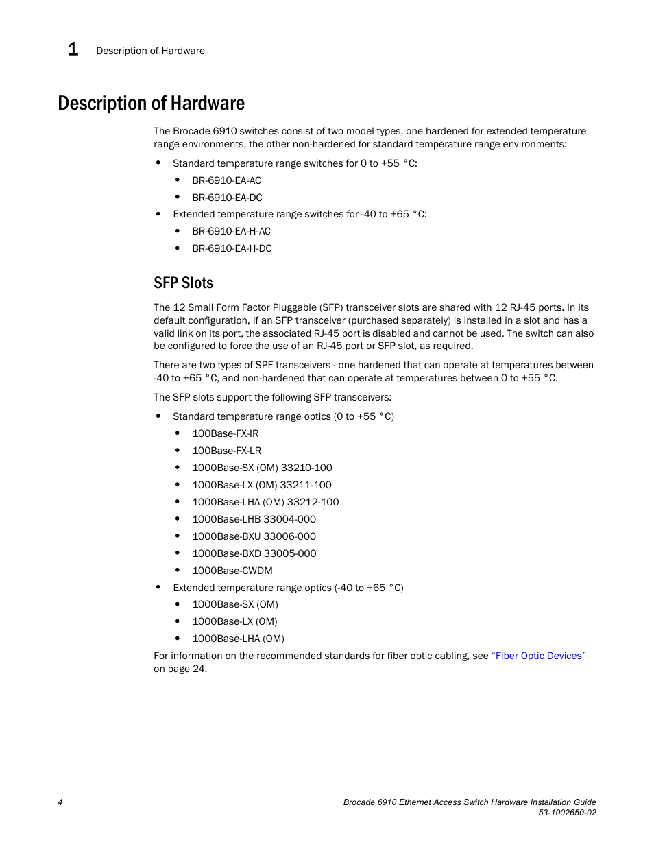 Description of hardware, Sfp slots | Brocade 6910 Ethernet Access Switch Hardware Installation Guide User Manual | Page 20 / 84