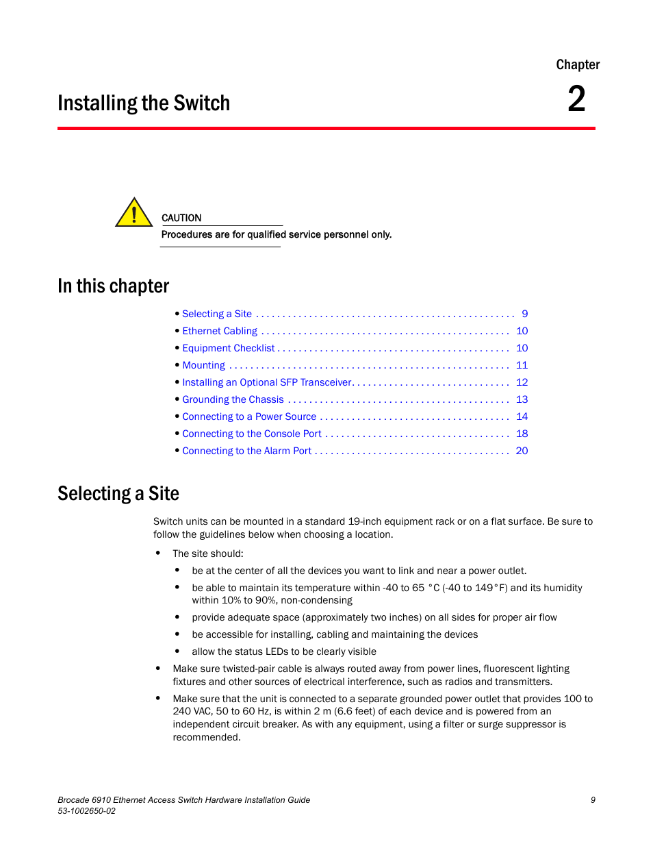 Installing the switch, In this chapter, Selecting a site | Chapter 2 | Brocade 6910 Ethernet Access Switch Hardware Installation Guide User Manual | Page 25 / 84