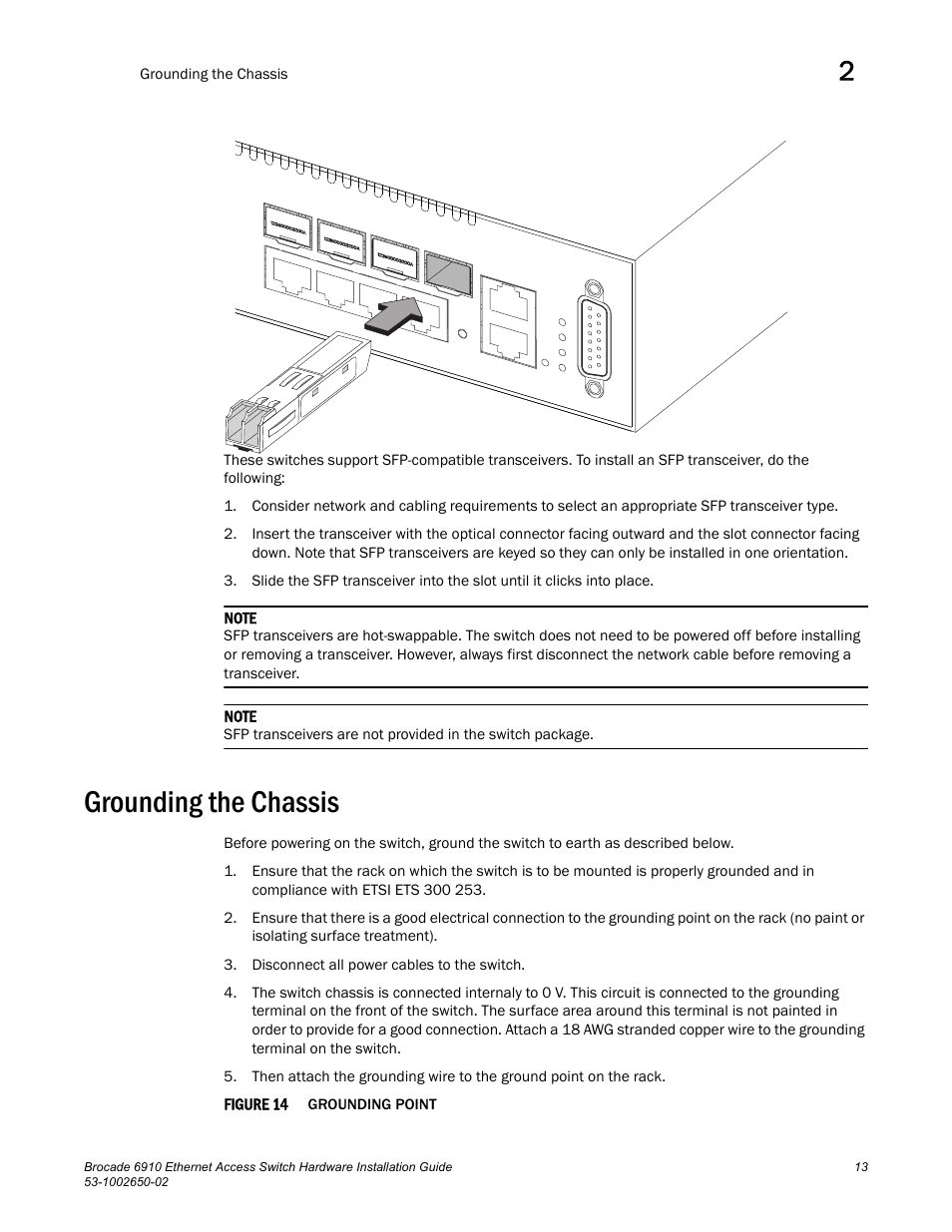 Grounding the chassis, Figure 14, Grounding poi | Brocade 6910 Ethernet Access Switch Hardware Installation Guide User Manual | Page 29 / 84