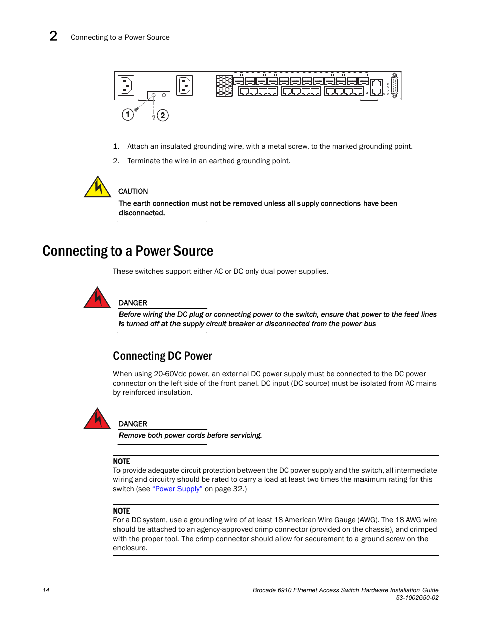 Connecting to a power source, Connecting dc power | Brocade 6910 Ethernet Access Switch Hardware Installation Guide User Manual | Page 30 / 84