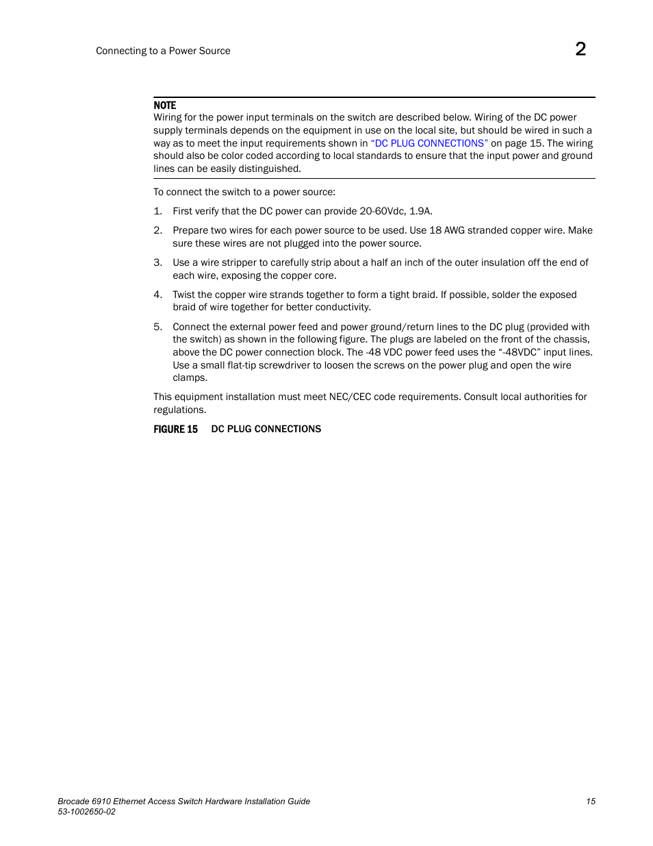 Figure 15, Dc plu | Brocade 6910 Ethernet Access Switch Hardware Installation Guide User Manual | Page 31 / 84