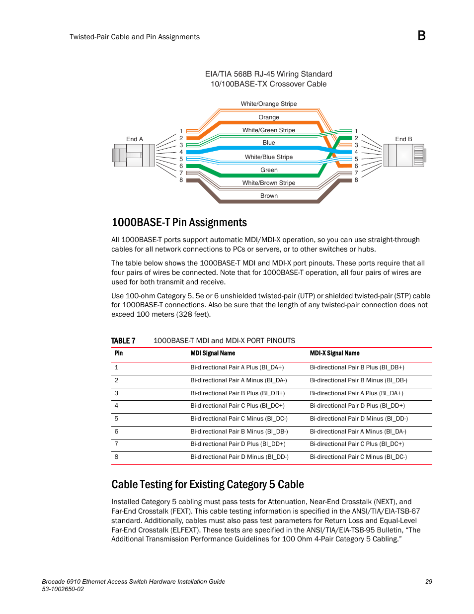 1000base-t pin assignments, Cable testing for existing category 5 cable, Table 7 | Brocade 6910 Ethernet Access Switch Hardware Installation Guide User Manual | Page 45 / 84