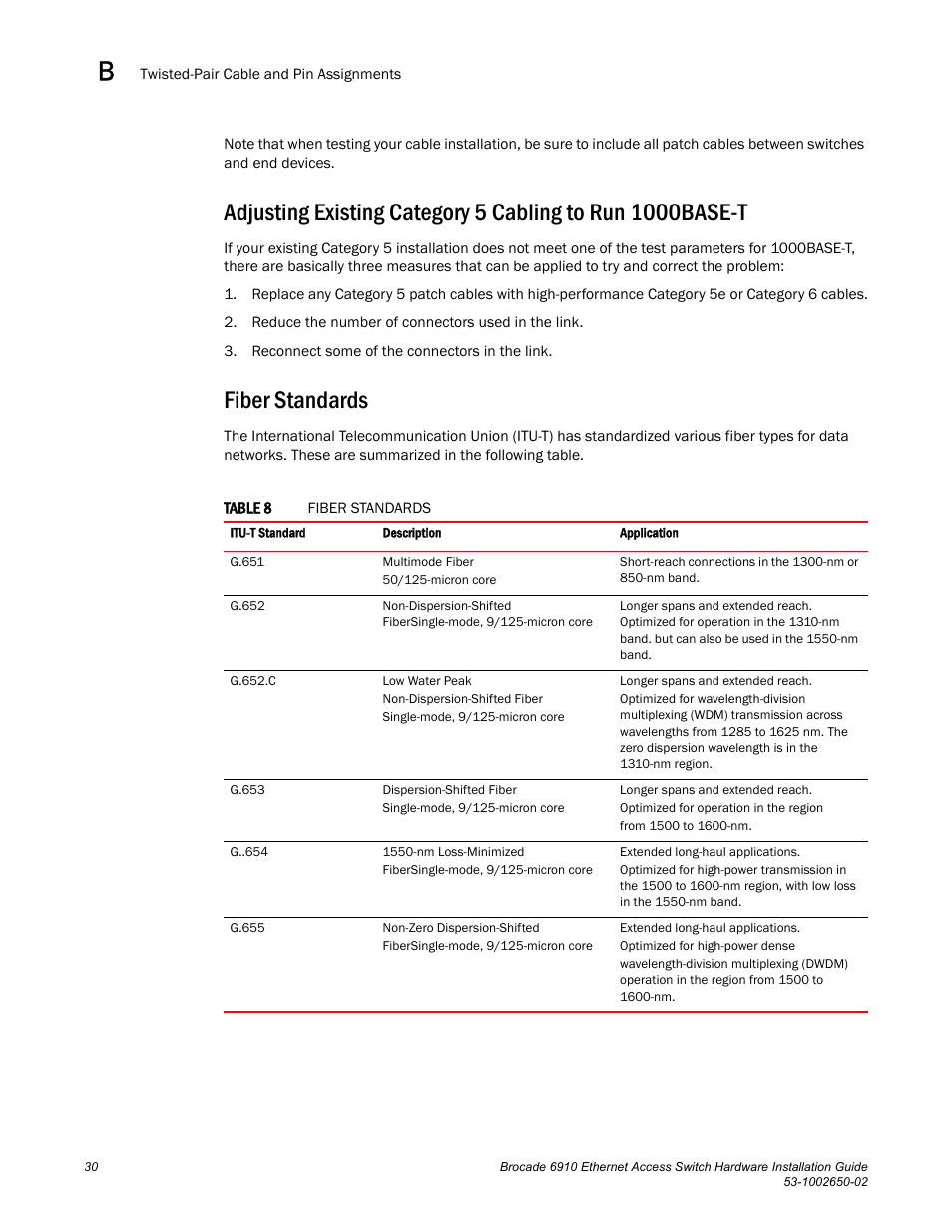 Fiber standards, Table 8 | Brocade 6910 Ethernet Access Switch Hardware Installation Guide User Manual | Page 46 / 84
