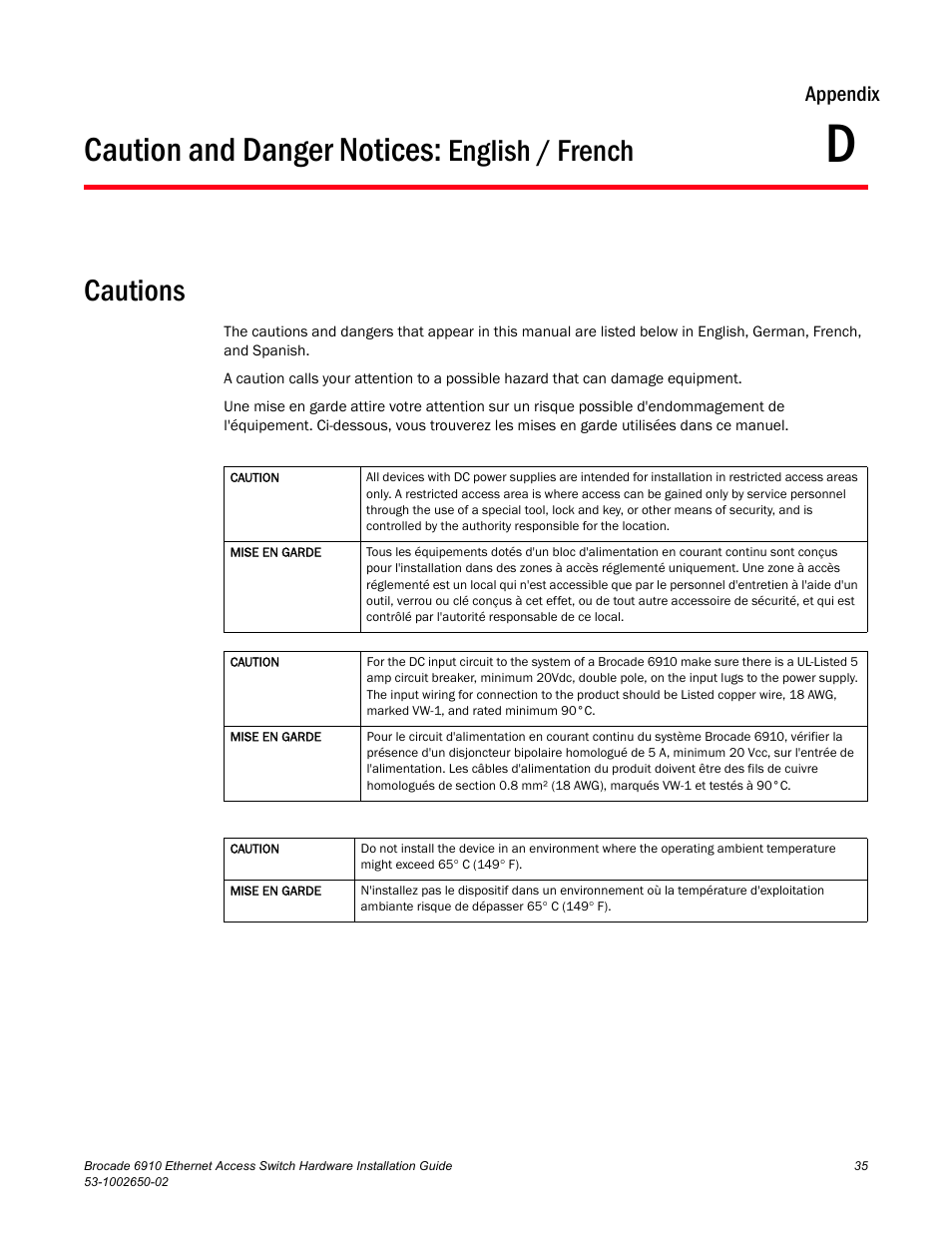 Caution and danger notices: english / french, Cautions, Appendix d | Caution and danger notices, English / french cautions, Appendix | Brocade 6910 Ethernet Access Switch Hardware Installation Guide User Manual | Page 51 / 84