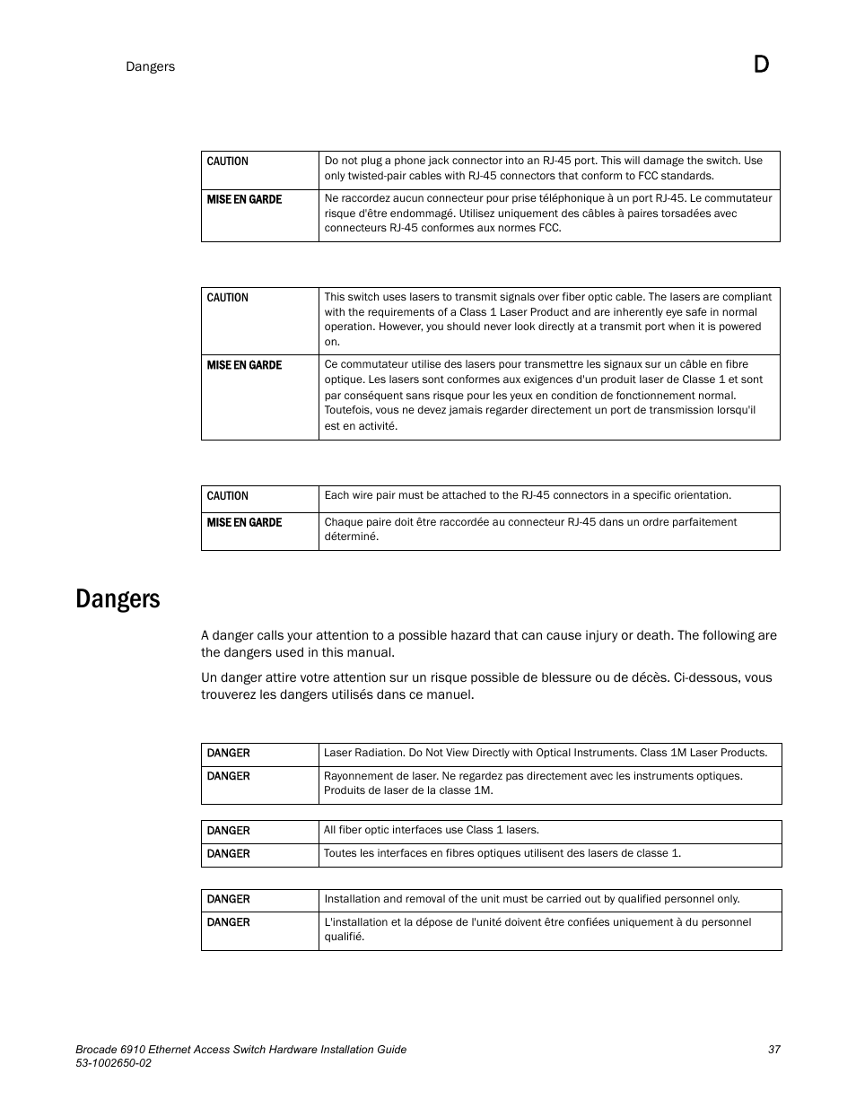 Dangers | Brocade 6910 Ethernet Access Switch Hardware Installation Guide User Manual | Page 53 / 84