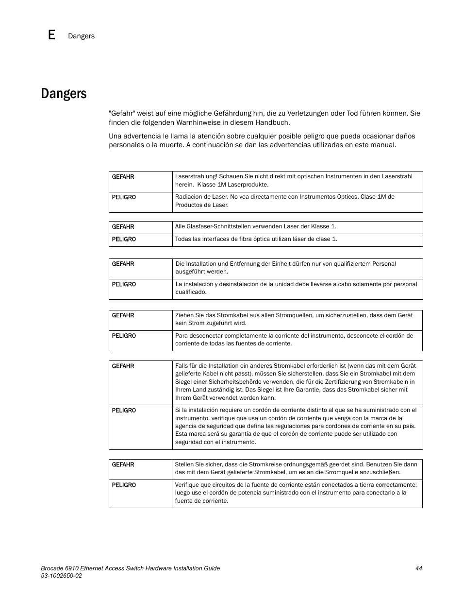 Dangers | Brocade 6910 Ethernet Access Switch Hardware Installation Guide User Manual | Page 60 / 84