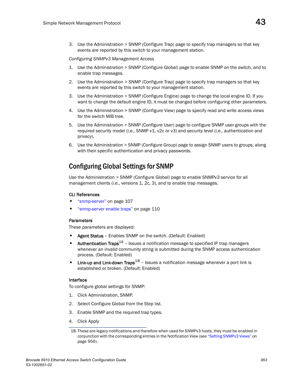 Configuring global settings for snmp | Brocade 6910 Ethernet Access Switch Configuration Guide (Supporting R2.2.0.0) User Manual | Page 1009 / 1240