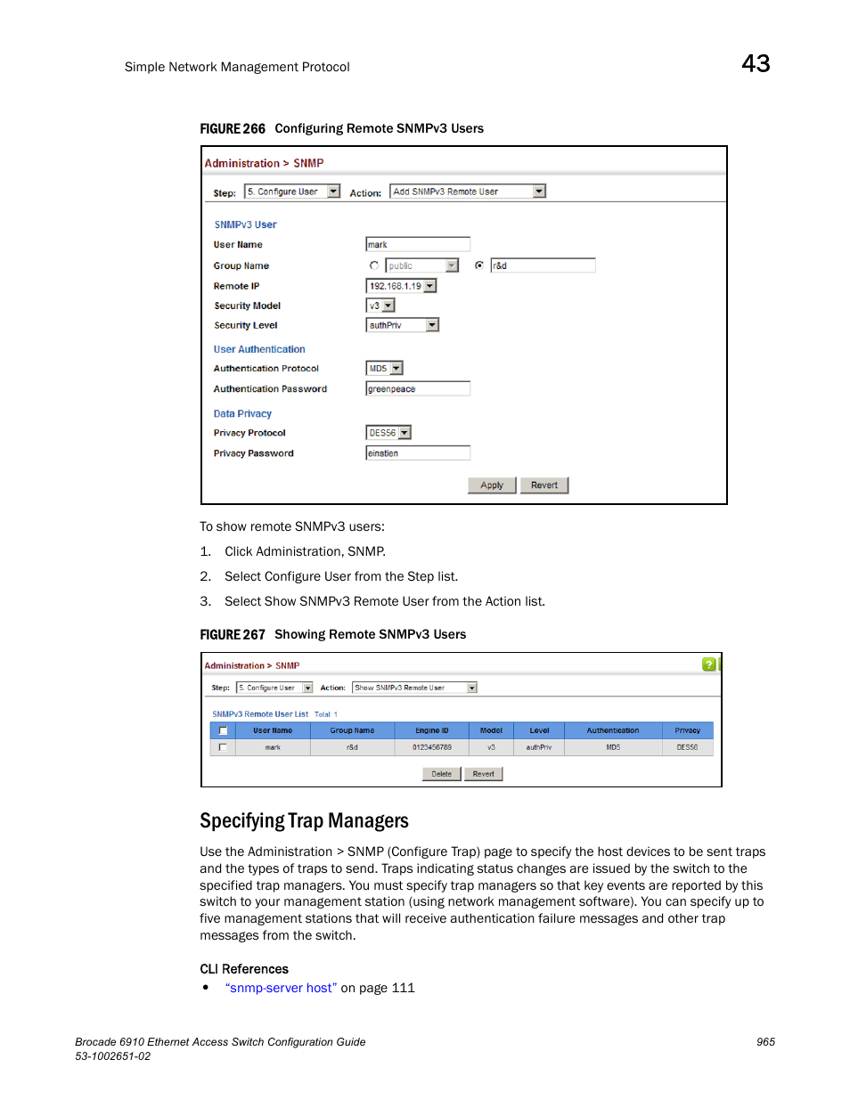 Specifying trap managers, Figure 266 confi, Figure 267 s | Brocade 6910 Ethernet Access Switch Configuration Guide (Supporting R2.2.0.0) User Manual | Page 1021 / 1240