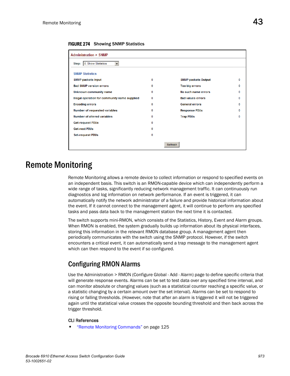 Remote monitoring, Configuring rmon alarms, Figure 274 s | Remote monitoring (rmon) | Brocade 6910 Ethernet Access Switch Configuration Guide (Supporting R2.2.0.0) User Manual | Page 1029 / 1240