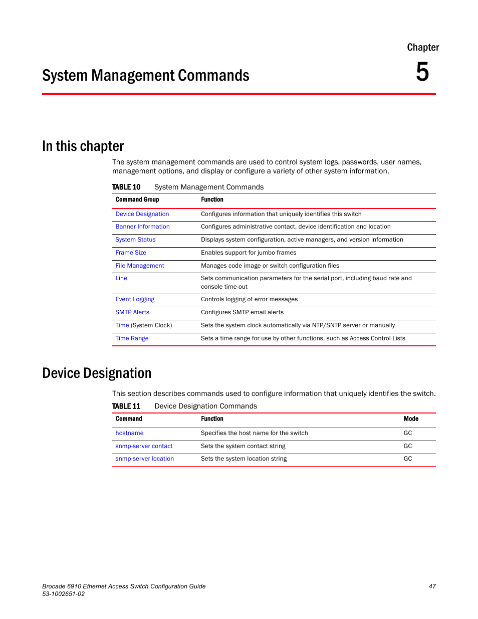 System management commands, Device designation, Chapter 5 | Table 10, Table 11, Chapter | Brocade 6910 Ethernet Access Switch Configuration Guide (Supporting R2.2.0.0) User Manual | Page 103 / 1240