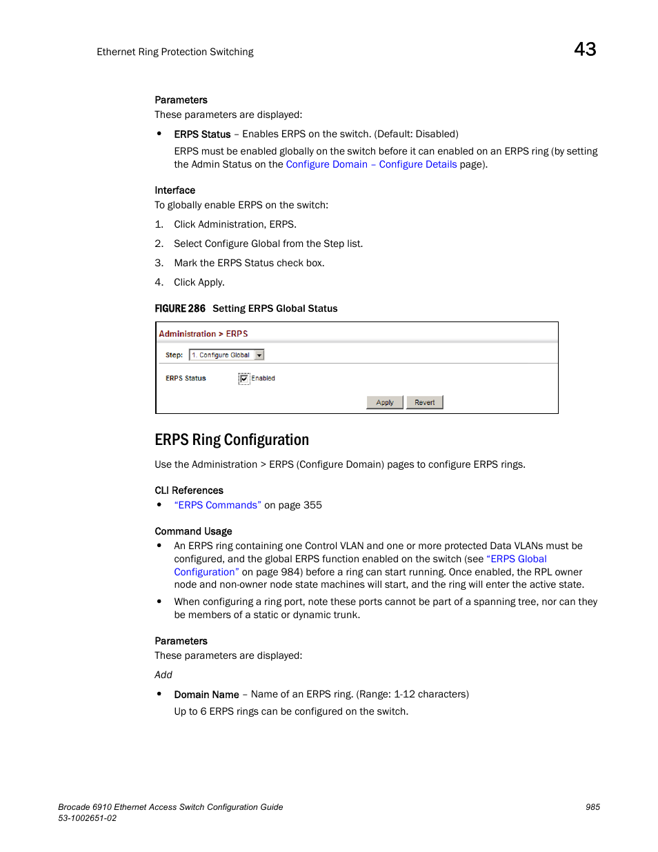 Erps ring configuration, Figure 286 s, Configure domain – configure details | Configure domain – show | Brocade 6910 Ethernet Access Switch Configuration Guide (Supporting R2.2.0.0) User Manual | Page 1041 / 1240