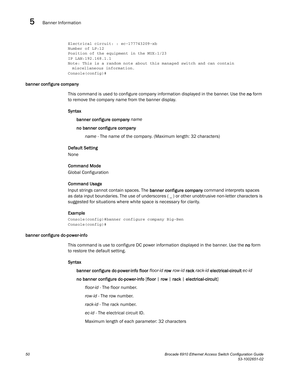 Banner configure company, Banner configure dc-power-info | Brocade 6910 Ethernet Access Switch Configuration Guide (Supporting R2.2.0.0) User Manual | Page 106 / 1240