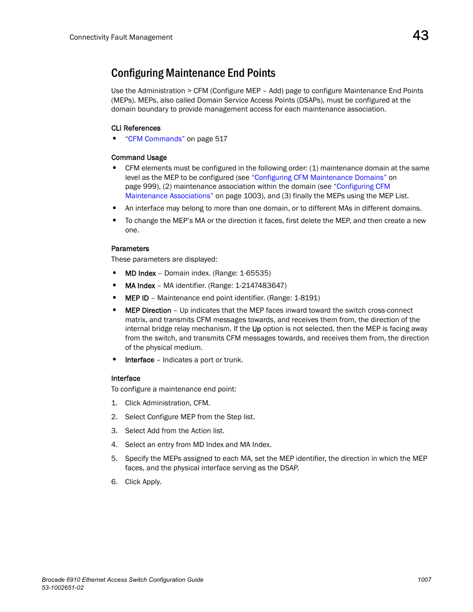 Configuring maintenance end points, Configuring maintenance, End points | Configuring maintenance end, Points | Brocade 6910 Ethernet Access Switch Configuration Guide (Supporting R2.2.0.0) User Manual | Page 1063 / 1240