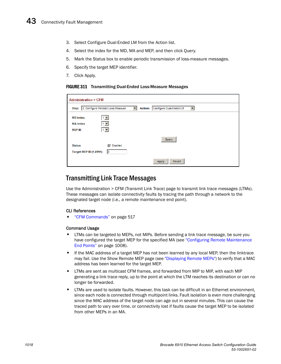 Transmitting link trace messages, Figure 311 t, Transmitting | Link trace messages | Brocade 6910 Ethernet Access Switch Configuration Guide (Supporting R2.2.0.0) User Manual | Page 1074 / 1240