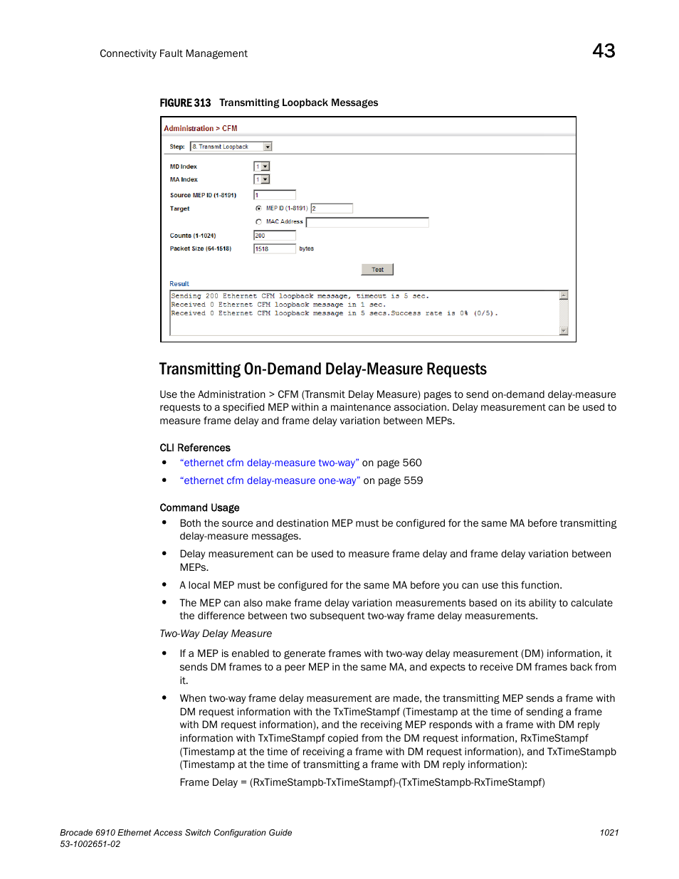 Transmitting on-demand delay-measure requests, Figure 313 t, Transmitting on-demand delay-measure | Requests | Brocade 6910 Ethernet Access Switch Configuration Guide (Supporting R2.2.0.0) User Manual | Page 1077 / 1240