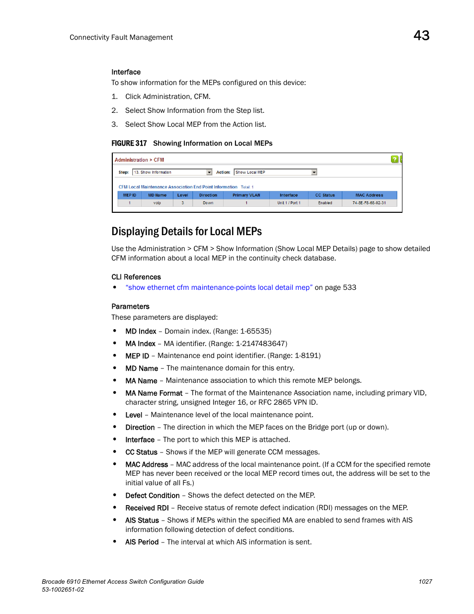 Displaying details for local meps, Figure 317 s | Brocade 6910 Ethernet Access Switch Configuration Guide (Supporting R2.2.0.0) User Manual | Page 1083 / 1240