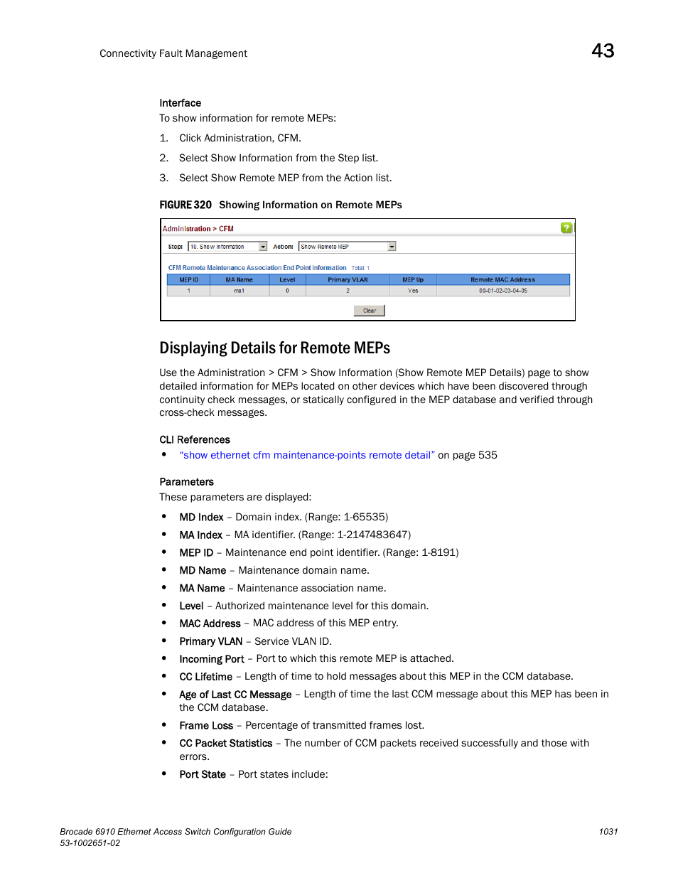 Displaying details for remote meps, Figure 320 s | Brocade 6910 Ethernet Access Switch Configuration Guide (Supporting R2.2.0.0) User Manual | Page 1087 / 1240