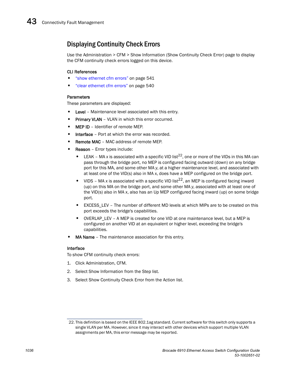 Displaying continuity check errors | Brocade 6910 Ethernet Access Switch Configuration Guide (Supporting R2.2.0.0) User Manual | Page 1092 / 1240