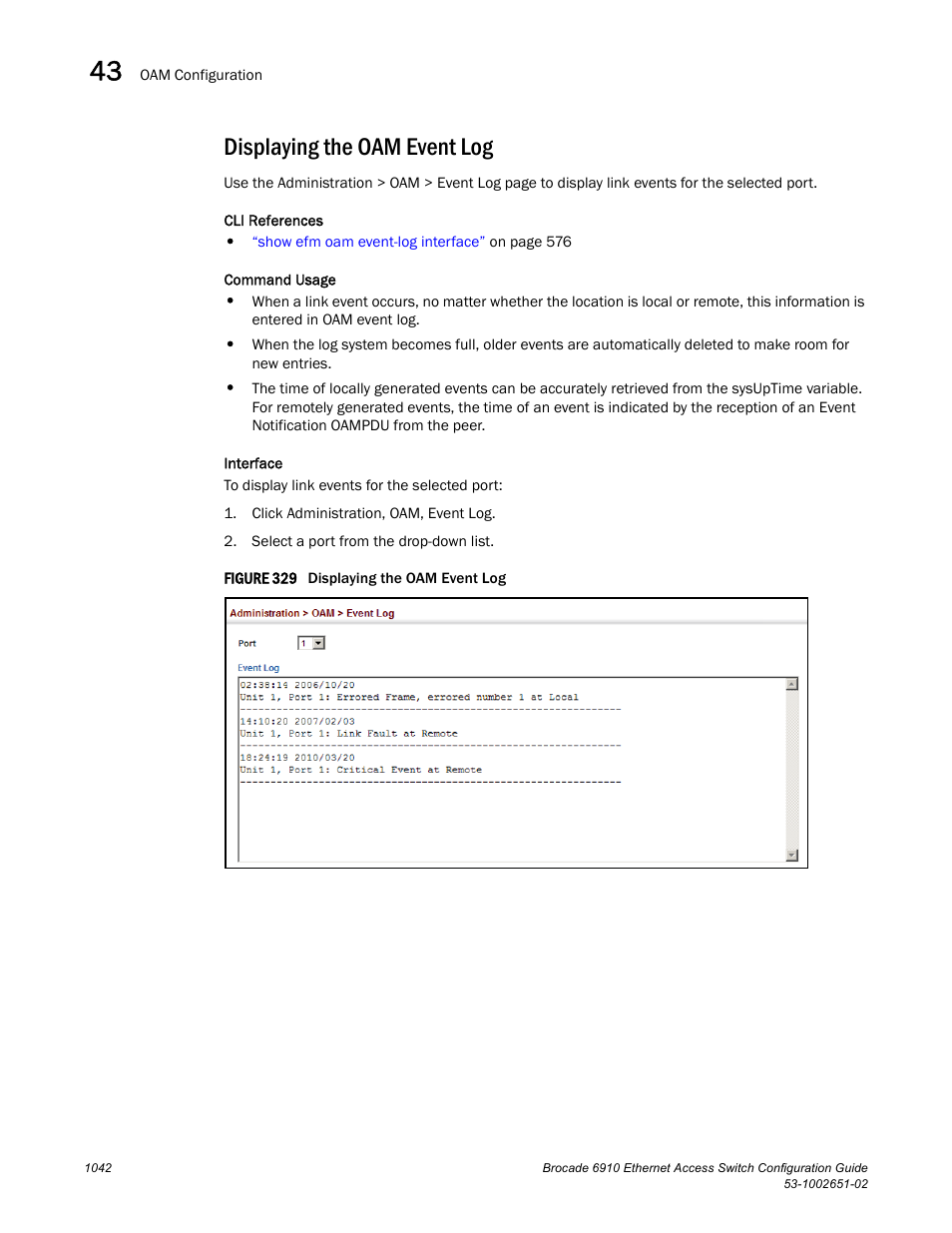 Displaying the oam event log, Figure 329 dis | Brocade 6910 Ethernet Access Switch Configuration Guide (Supporting R2.2.0.0) User Manual | Page 1098 / 1240