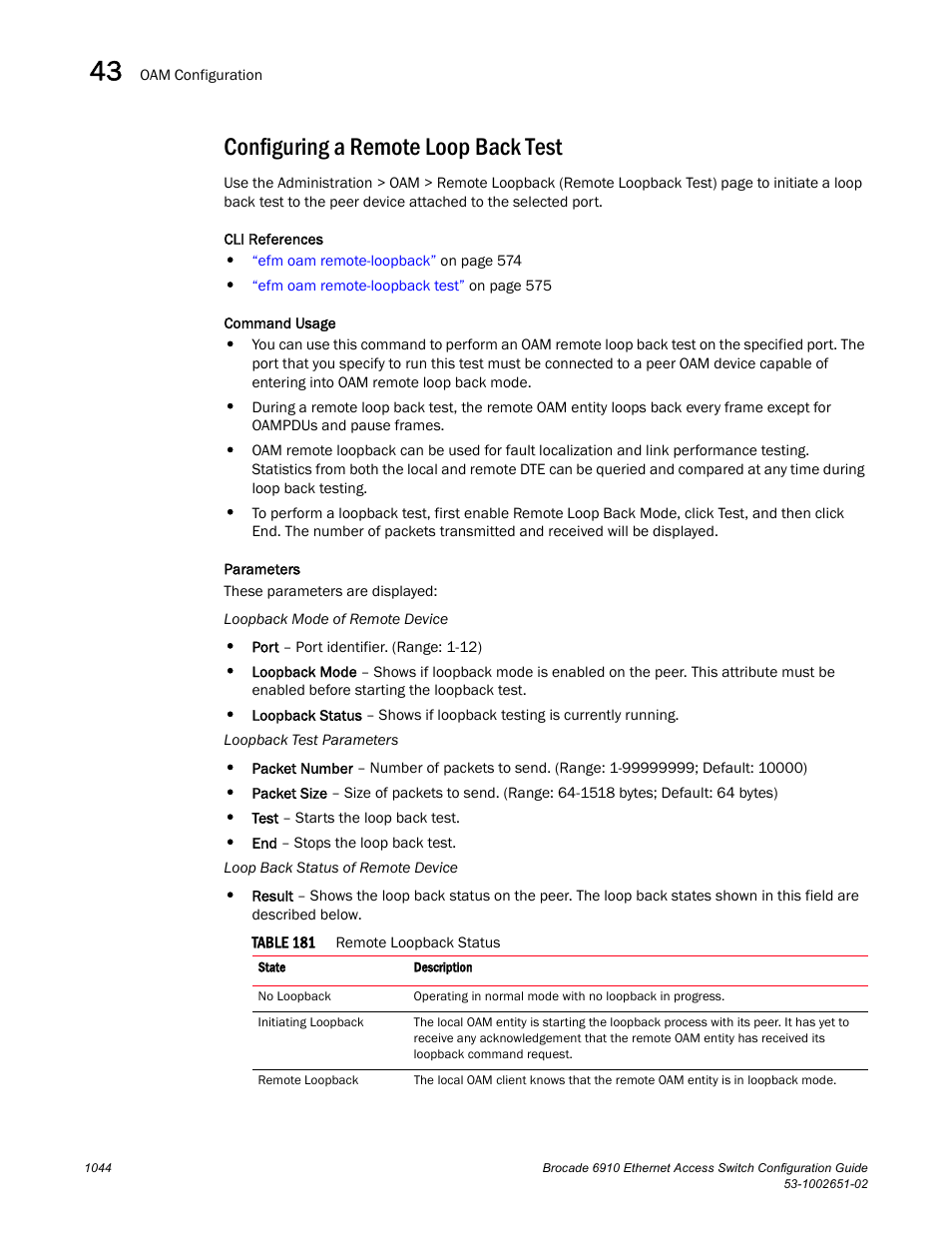 Configuring a remote loop back test, Table 181 | Brocade 6910 Ethernet Access Switch Configuration Guide (Supporting R2.2.0.0) User Manual | Page 1100 / 1240