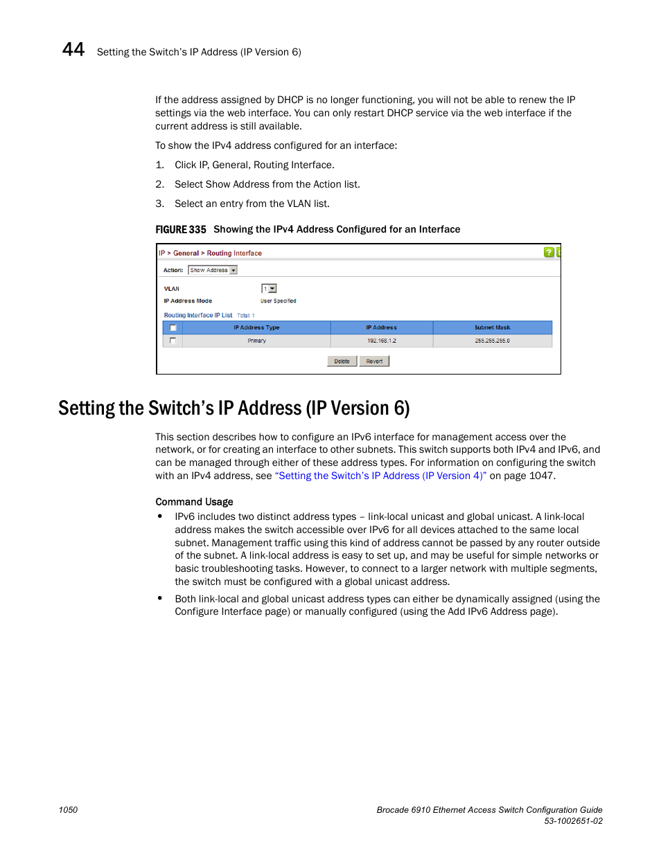 Setting the switch’s ip address (ip version 6), Figure 335 s, Setting the switch’s ip address (ip | Version 6), Ipv6 configuration | Brocade 6910 Ethernet Access Switch Configuration Guide (Supporting R2.2.0.0) User Manual | Page 1106 / 1240