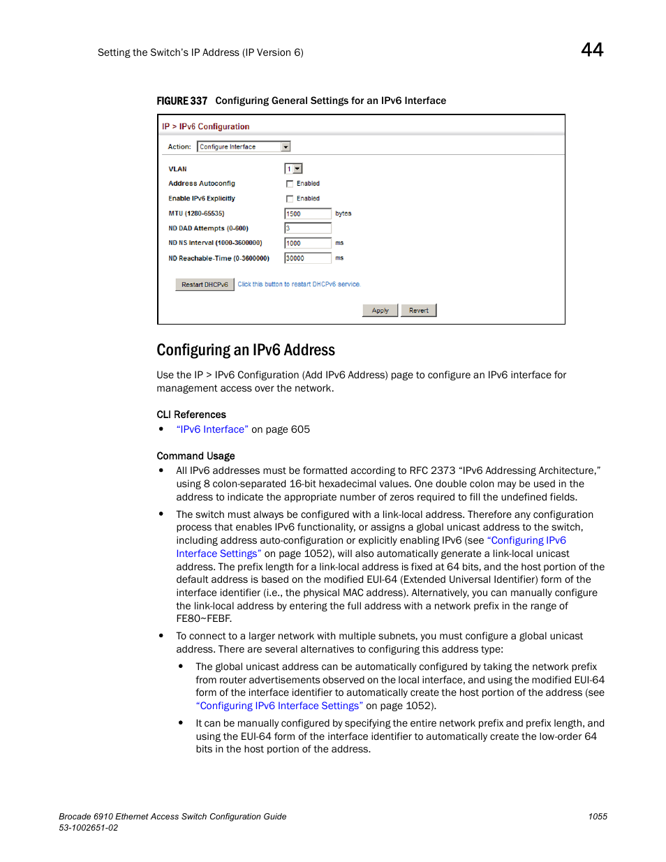 Configuring an ipv6 address, Figure 337 confi | Brocade 6910 Ethernet Access Switch Configuration Guide (Supporting R2.2.0.0) User Manual | Page 1111 / 1240