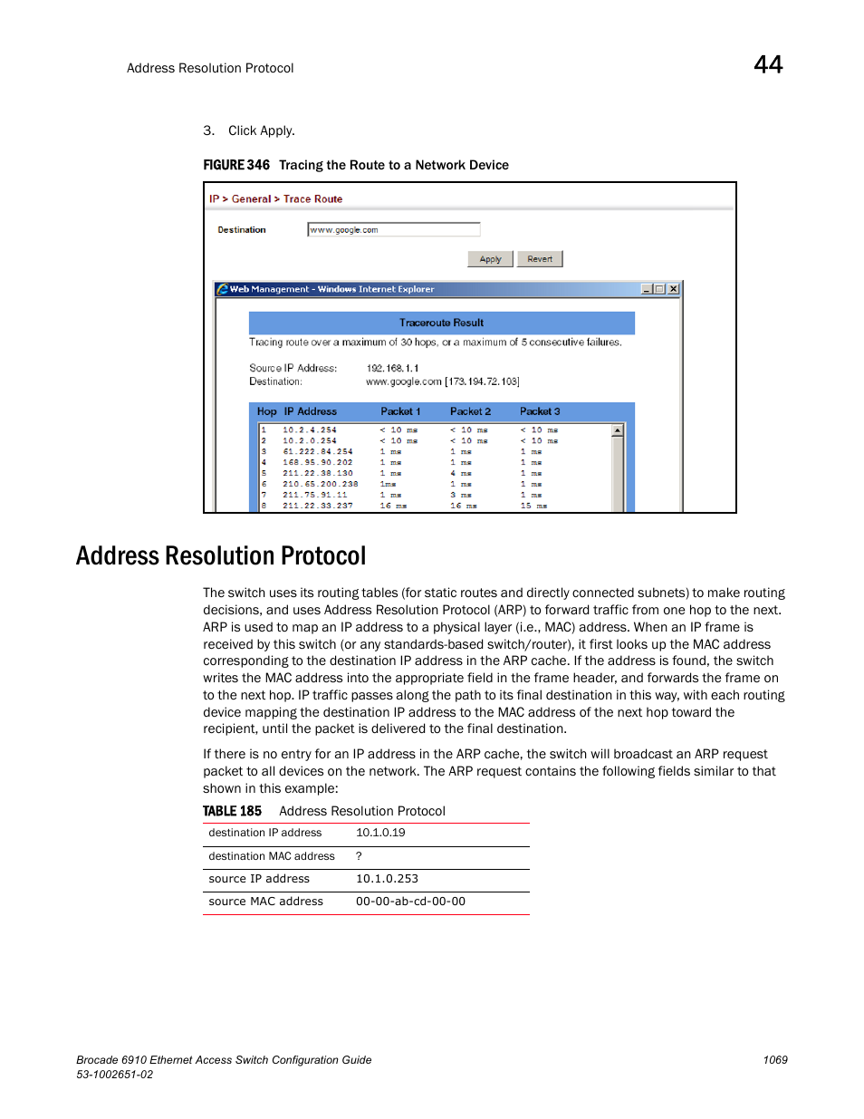 Address resolution protocol, Figure 346 t, Table 185 | Ddress resolution protocol | Brocade 6910 Ethernet Access Switch Configuration Guide (Supporting R2.2.0.0) User Manual | Page 1125 / 1240