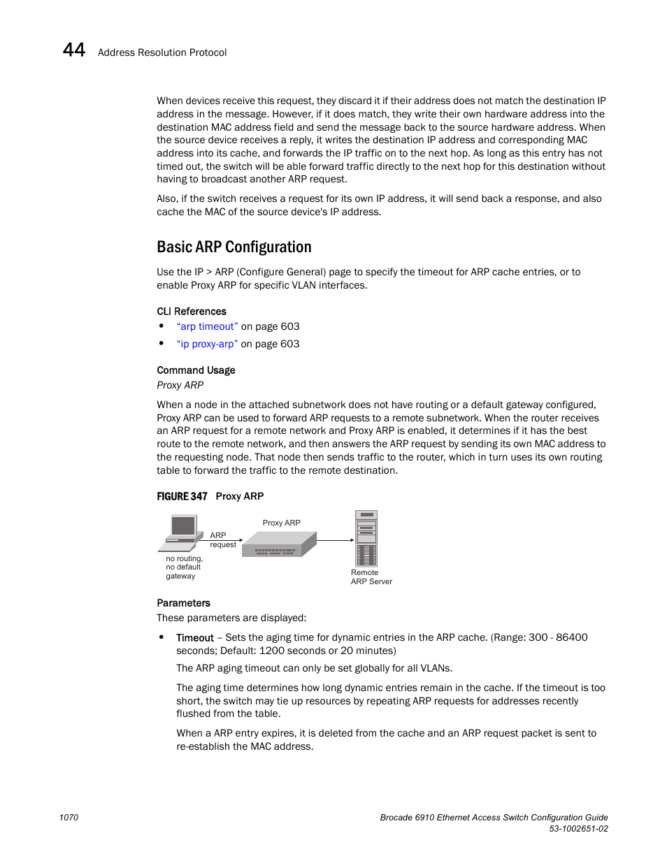 Basic arp configuration, Figure 347 p | Brocade 6910 Ethernet Access Switch Configuration Guide (Supporting R2.2.0.0) User Manual | Page 1126 / 1240