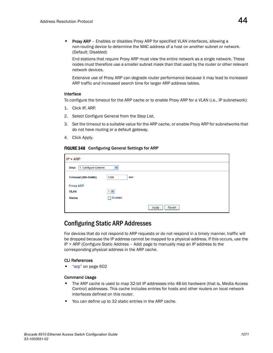 Configuring static arp addresses, Figure 348 confi | Brocade 6910 Ethernet Access Switch Configuration Guide (Supporting R2.2.0.0) User Manual | Page 1127 / 1240