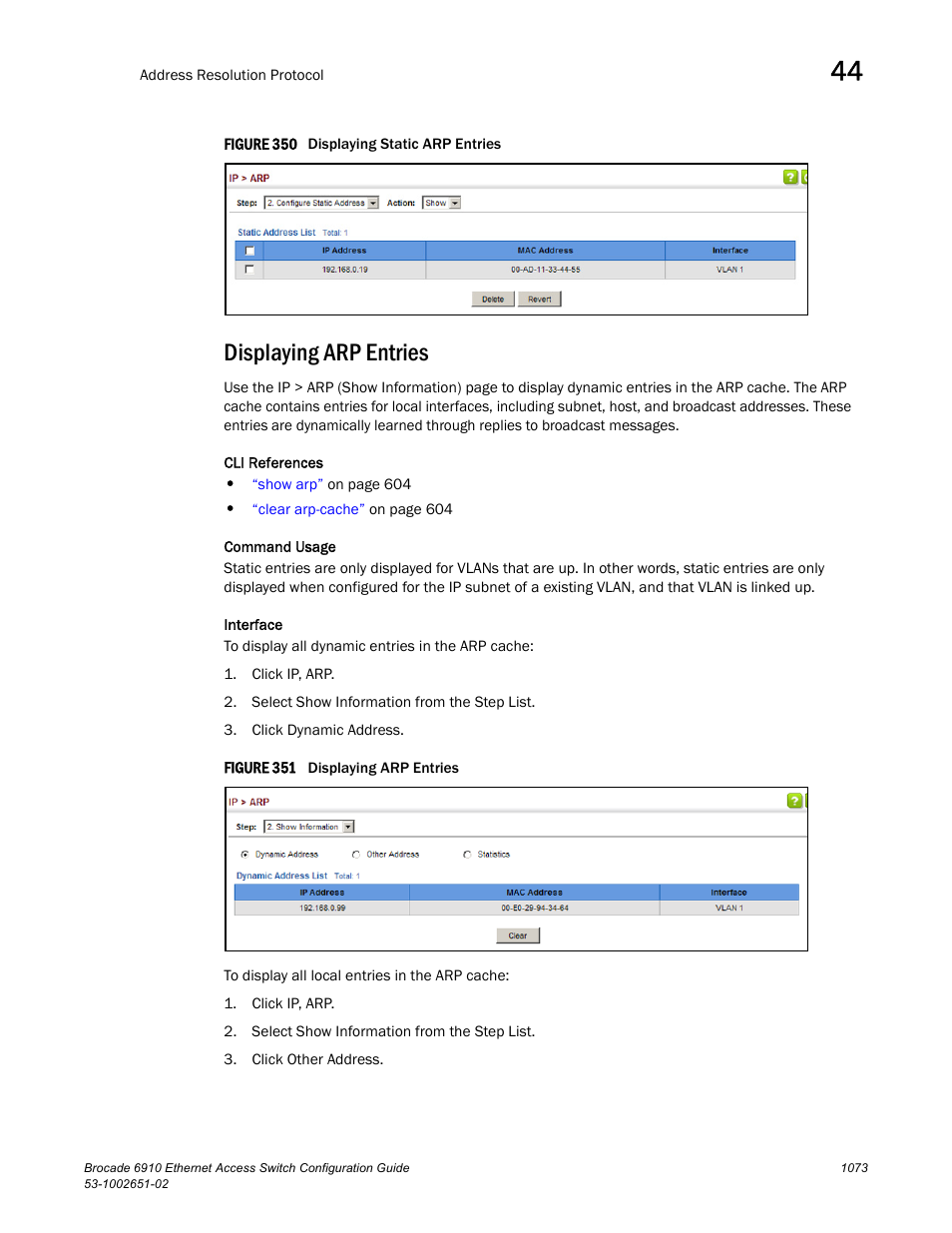 Displaying arp entries, Figure 350 dis, Figure 351 dis | Brocade 6910 Ethernet Access Switch Configuration Guide (Supporting R2.2.0.0) User Manual | Page 1129 / 1240