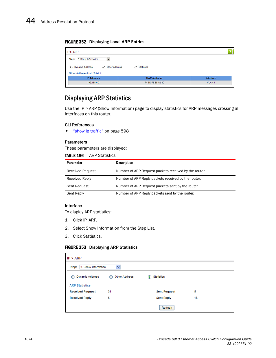 Displaying arp statistics, Figure 352 dis, Figure 353 dis | Table 186 | Brocade 6910 Ethernet Access Switch Configuration Guide (Supporting R2.2.0.0) User Manual | Page 1130 / 1240