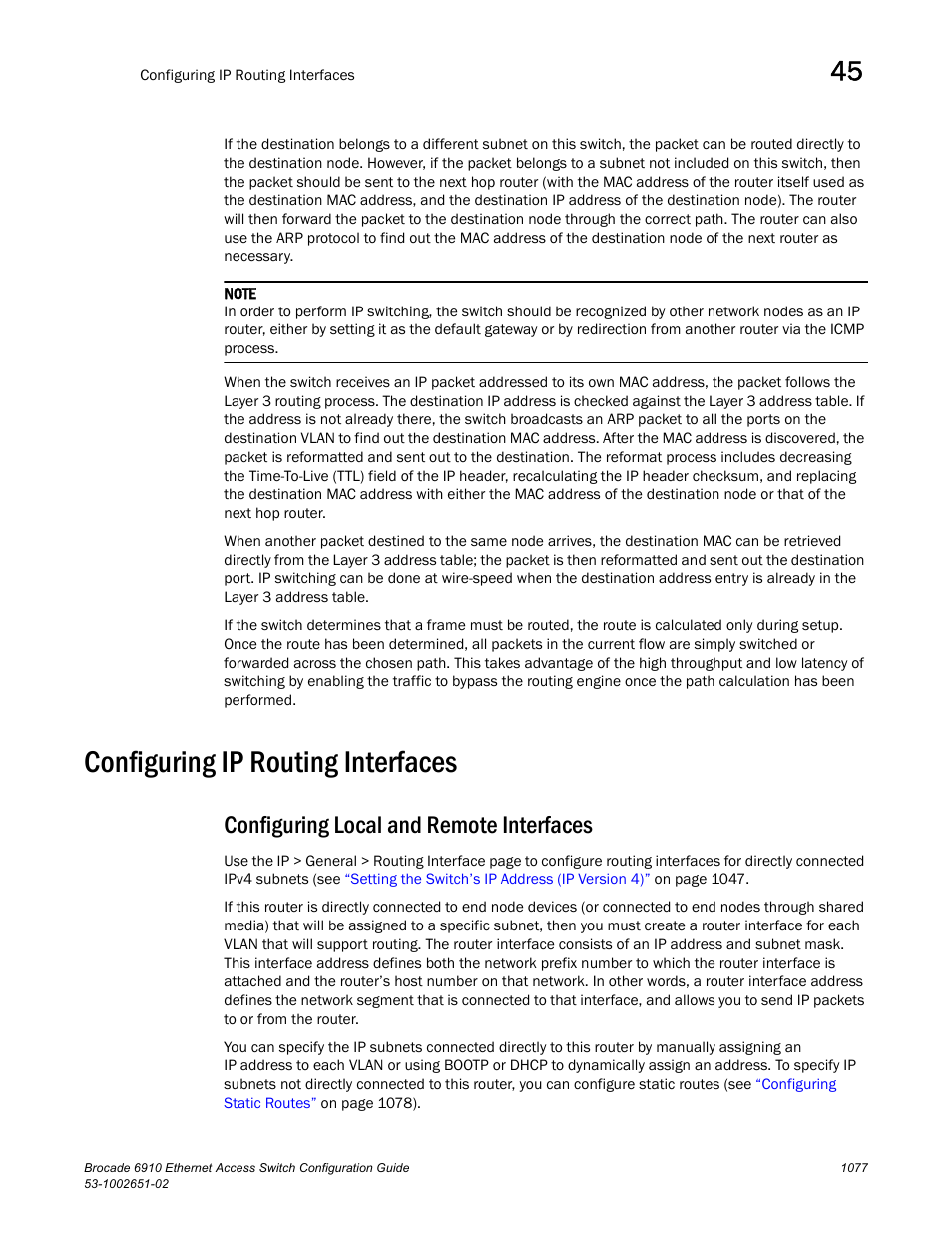 Configuring ip routing interfaces, Configuring local and remote interfaces | Brocade 6910 Ethernet Access Switch Configuration Guide (Supporting R2.2.0.0) User Manual | Page 1133 / 1240