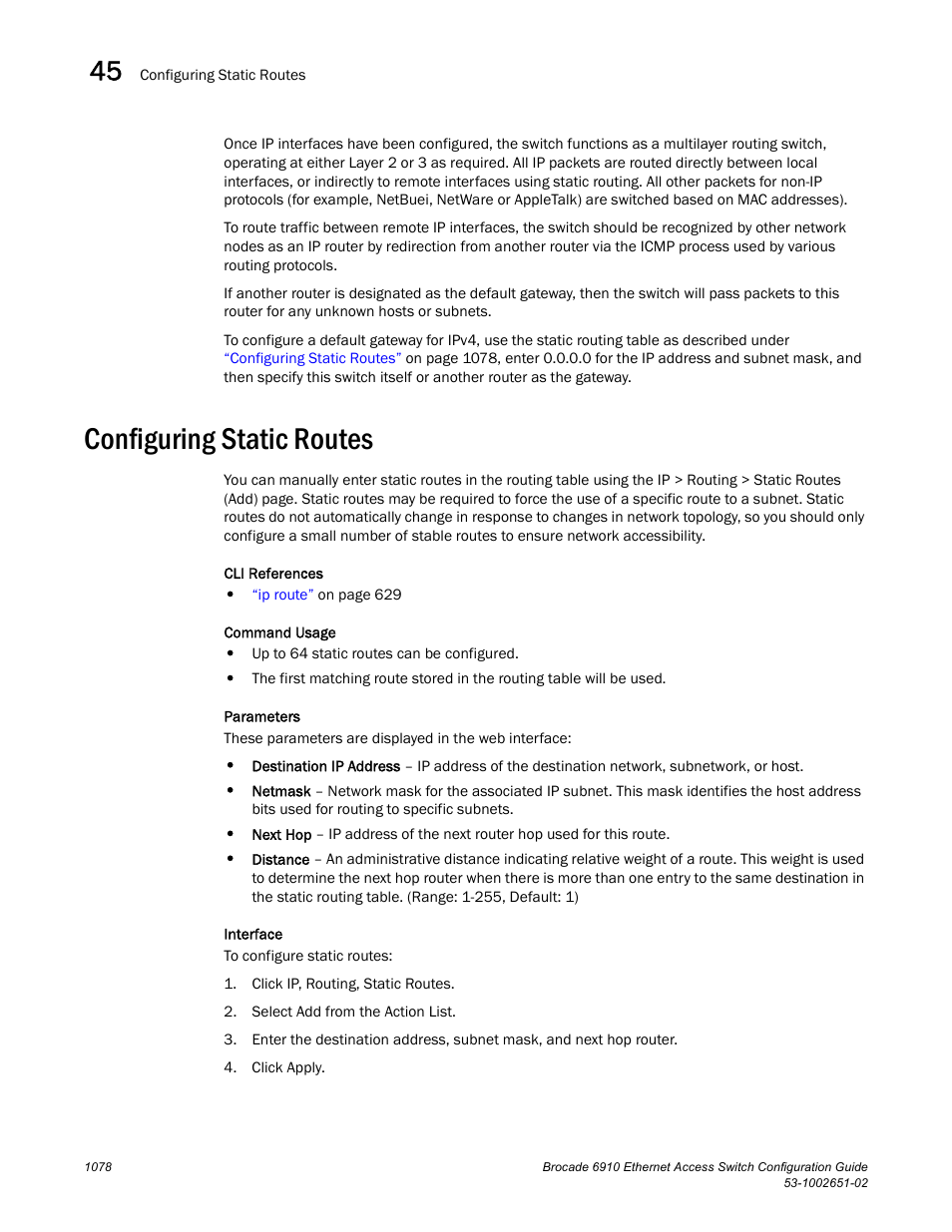 Configuring static routes, Static routes, Configuring | Brocade 6910 Ethernet Access Switch Configuration Guide (Supporting R2.2.0.0) User Manual | Page 1134 / 1240