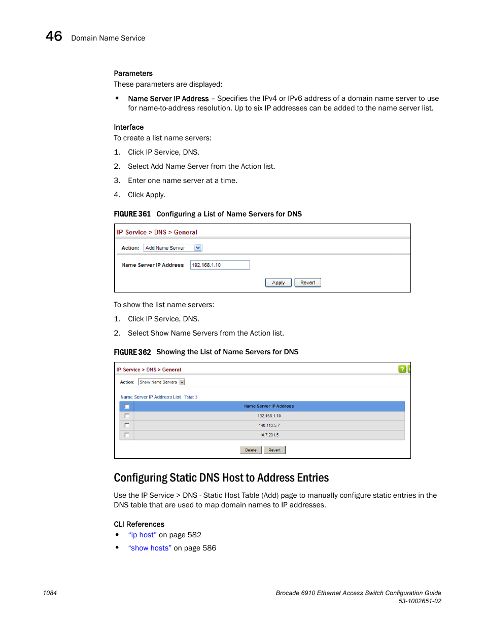 Configuring static dns host to address entries, Figure 361 confi, Figure 362 s | Brocade 6910 Ethernet Access Switch Configuration Guide (Supporting R2.2.0.0) User Manual | Page 1140 / 1240