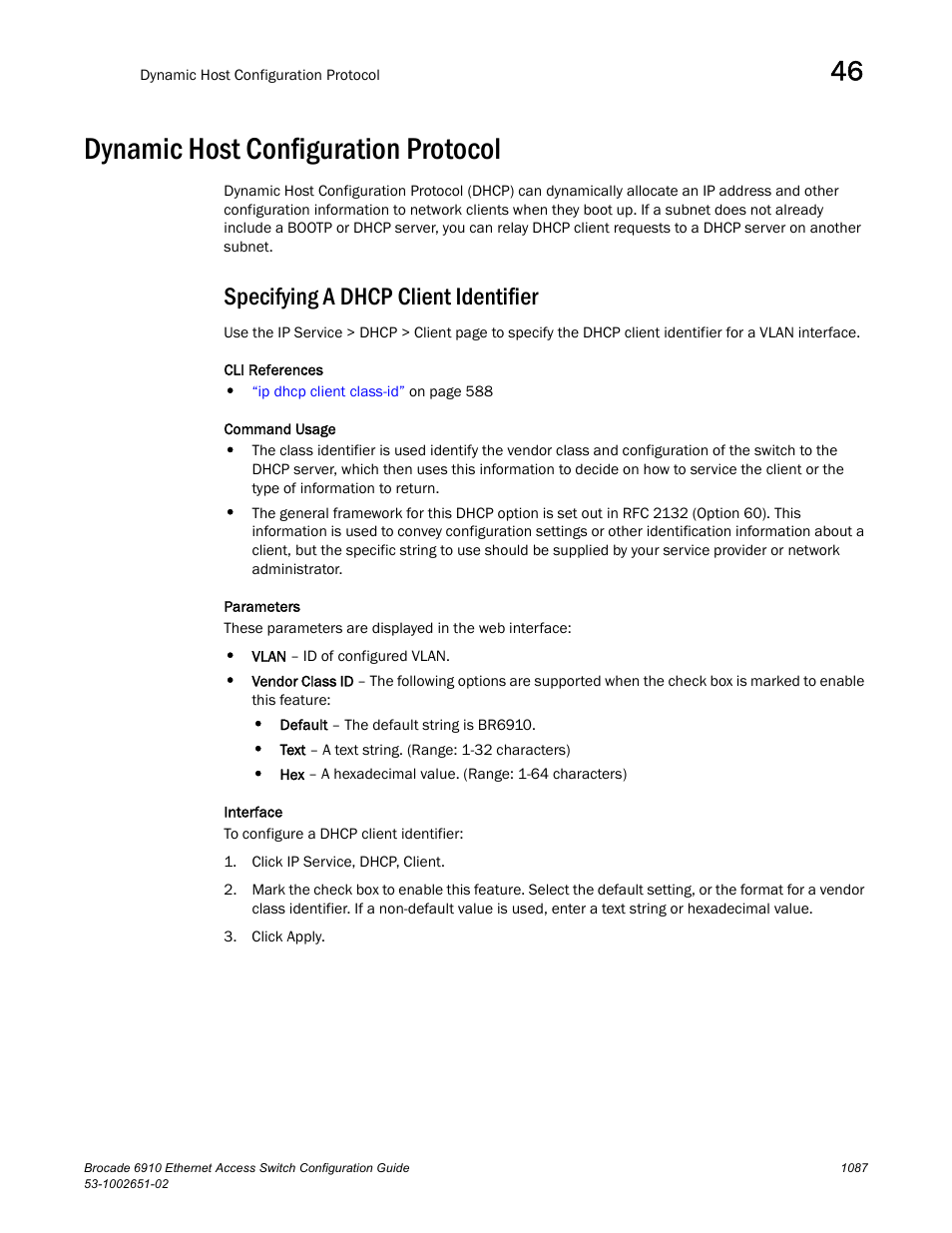 Dynamic host configuration protocol, Specifying a dhcp client identifier | Brocade 6910 Ethernet Access Switch Configuration Guide (Supporting R2.2.0.0) User Manual | Page 1143 / 1240