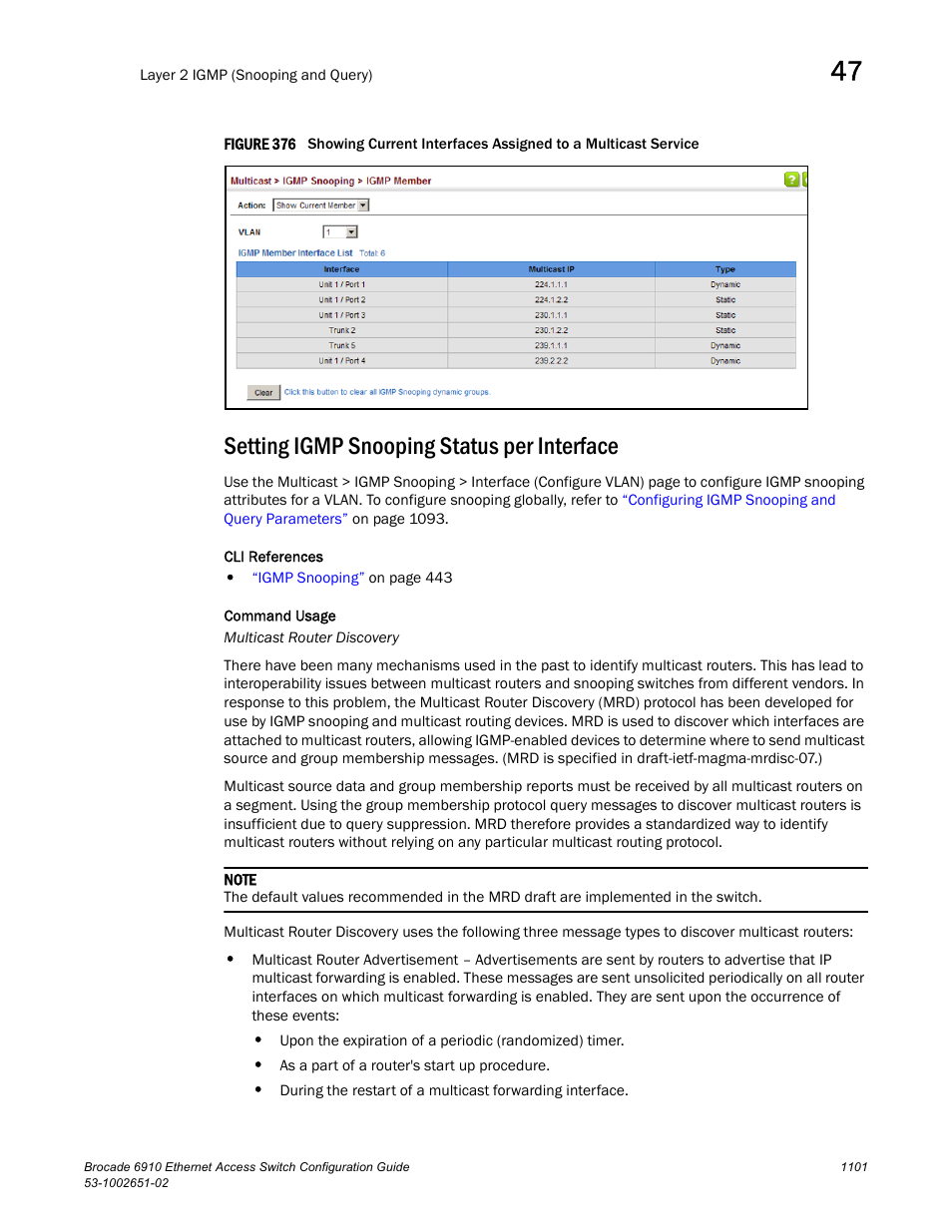 Setting igmp snooping status per interface, Figure 376 s | Brocade 6910 Ethernet Access Switch Configuration Guide (Supporting R2.2.0.0) User Manual | Page 1157 / 1240