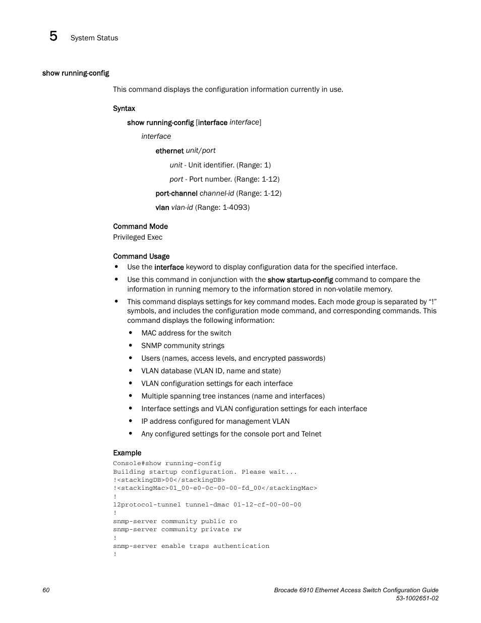 Show running-config | Brocade 6910 Ethernet Access Switch Configuration Guide (Supporting R2.2.0.0) User Manual | Page 116 / 1240