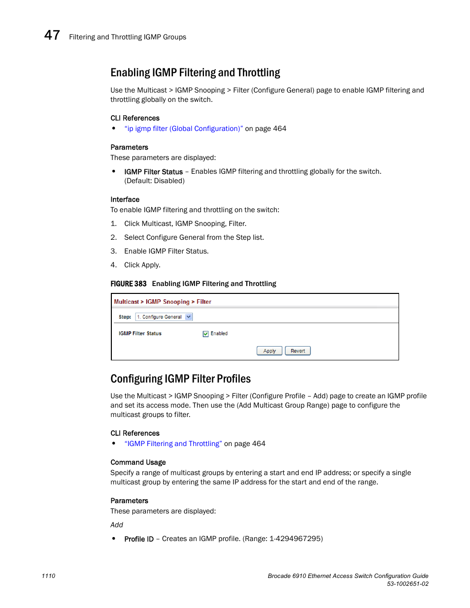 Enabling igmp filtering and throttling, Configuring igmp filter profiles, Figure 383 e | Brocade 6910 Ethernet Access Switch Configuration Guide (Supporting R2.2.0.0) User Manual | Page 1166 / 1240