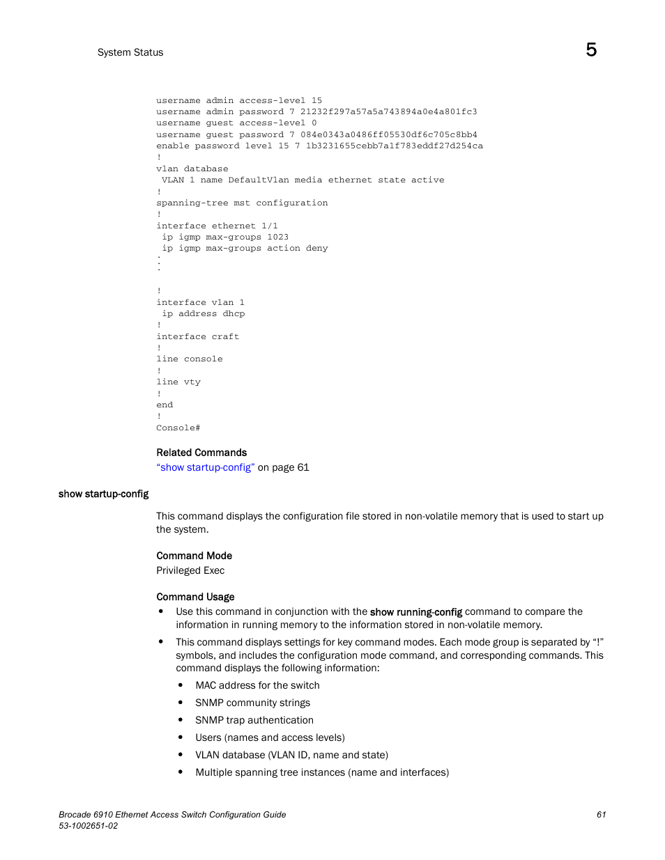 Show startup-config | Brocade 6910 Ethernet Access Switch Configuration Guide (Supporting R2.2.0.0) User Manual | Page 117 / 1240