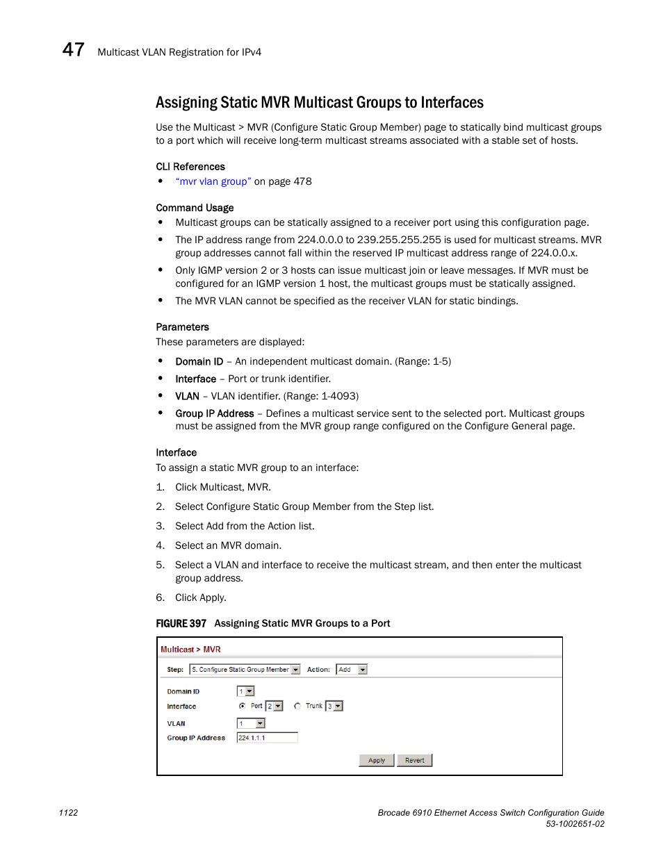 Figure 397 a, Assigning, Static mvr multicast groups to interfaces | Brocade 6910 Ethernet Access Switch Configuration Guide (Supporting R2.2.0.0) User Manual | Page 1178 / 1240